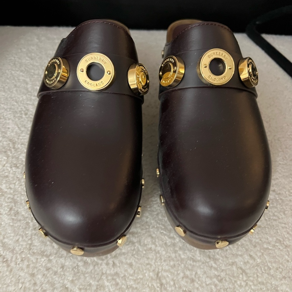 Burberry Brown Leather Clogs with Gold Accents